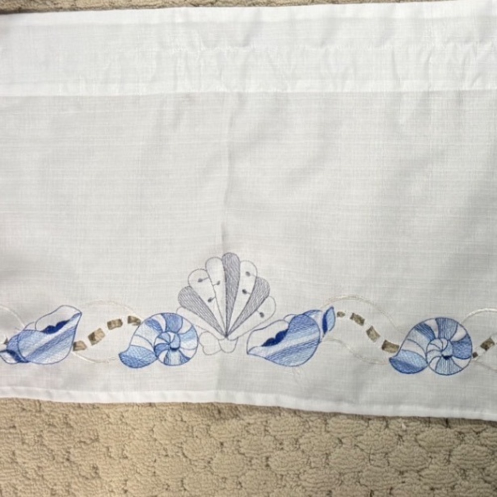 Saturday Knight Limited White Embroidered Seashell Coastal Window Valance Blue